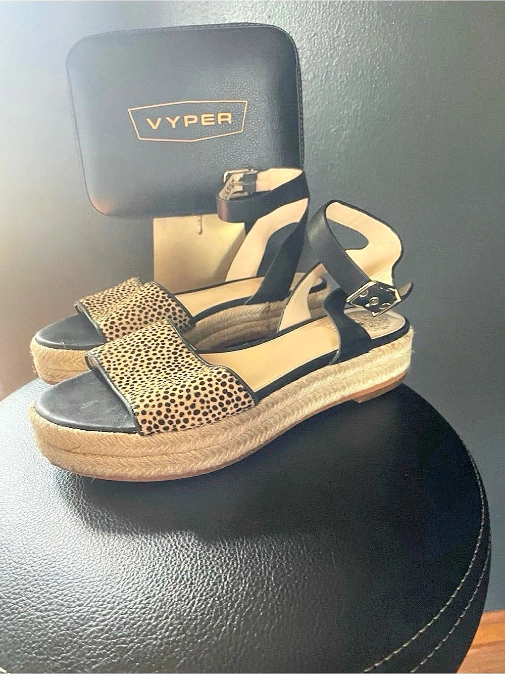 Vince Camuto Kathalia Animal Print Espadrille Wedges Black & Brown